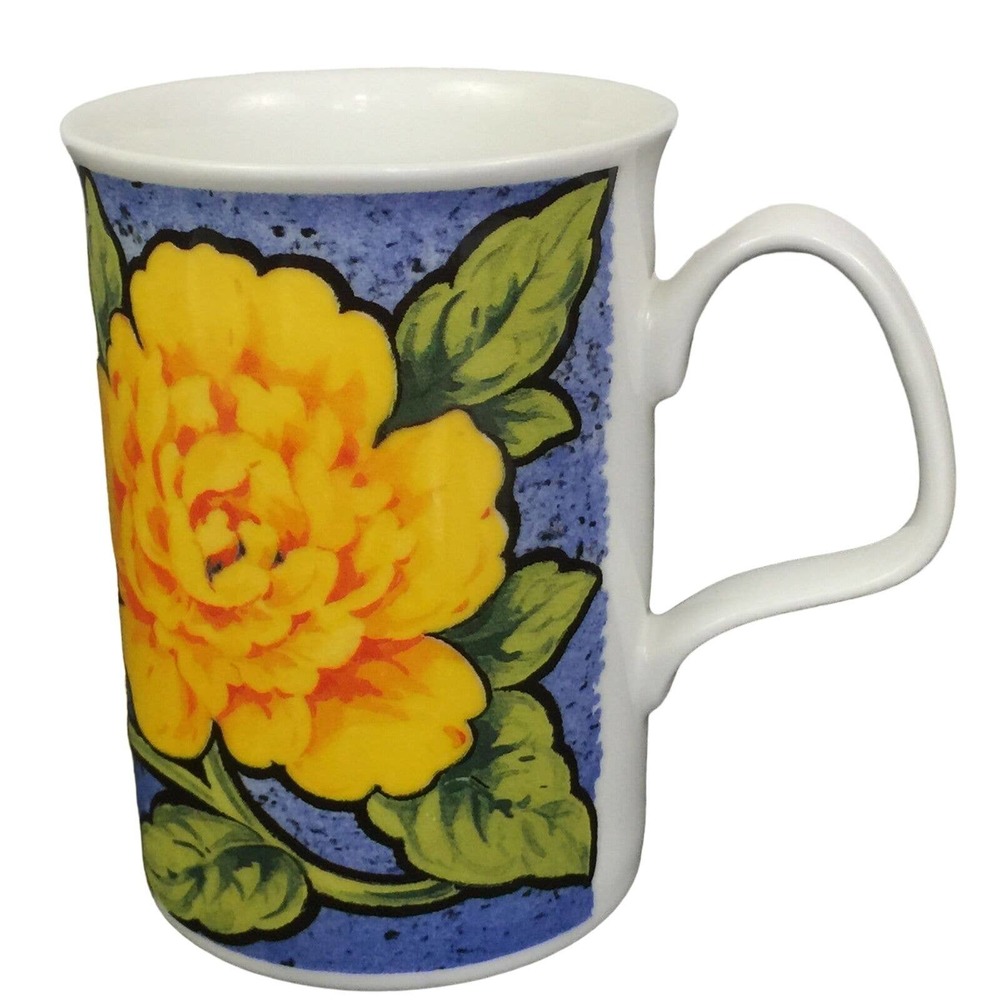 Elegance England Fine Bone China Coffee Mug Cup Yellow Rose Floral VTG 1996